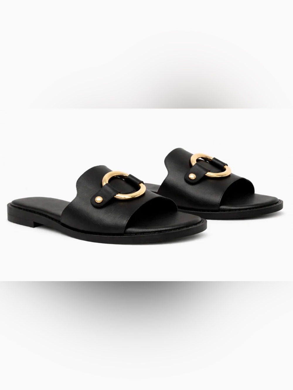Black Slide Sandals with Gold Ring Detail